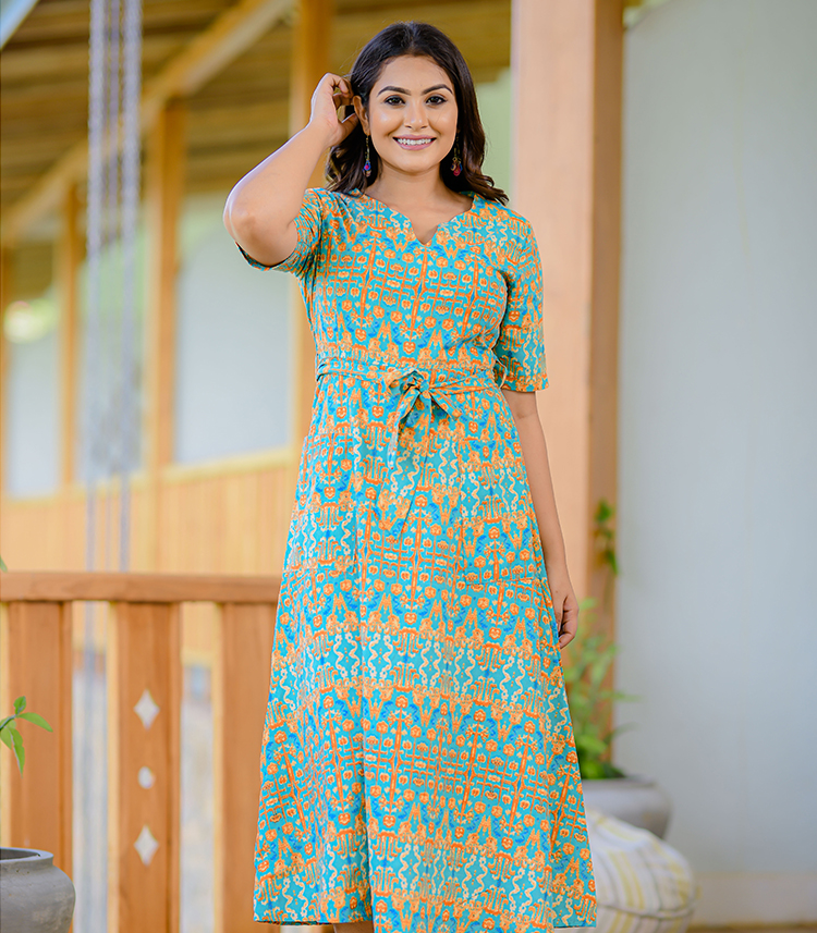 OCT-LIGHT GREEN ORANGE PRINTED MIDI DRESS - Liza's Closet