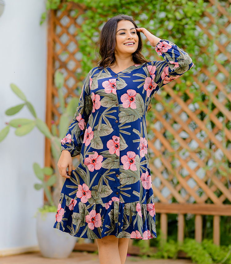 OCT-DARK BLUE PINK FLORAL MIDI DRESS - Liza's Closet