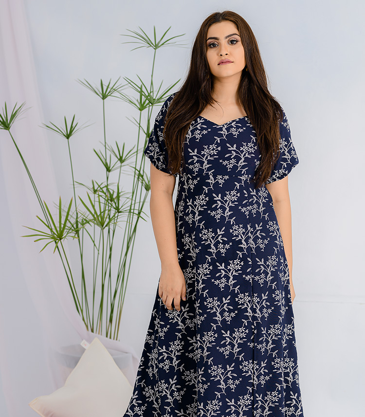 ELEENA DARK BLUE PRINTED MAXI DRESS - Liza's Closet