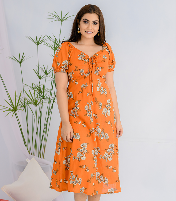 MEERA ORANGE FLORAL MIDI DRESS Liza's Closet